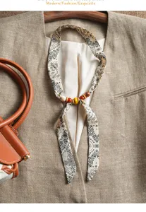 Vintage silk scarf with wooden beads retro paisley neck ribbon versatile elegant accessory for women