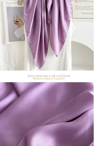 Purple silk scarf detail showing smooth fabric texture and elegant drape for women.