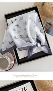 Details of cute kids cotton linen square scarf featuring charming butterfly print design.
