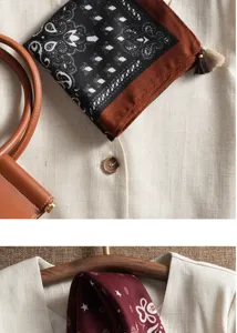 Retro paisley patterned small square scarf women cotton linen double sided neck scarf detail