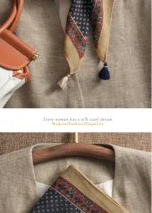 Exquisite paisley print cotton linen small square scarf with elegant tassel detail for women