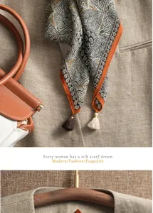 Handmade paisley cotton linen small square scarf with delicate tassels and elegant border.