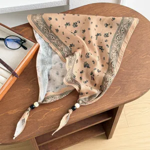 Retro paisley patterned cotton linen triangular scarf with beaded ends, versatile summer neckerchief.