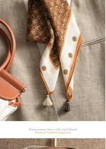 Detailed view of paisley cotton linen small square scarf with elegant tassels and geometric print.