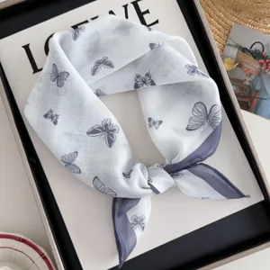 Cute cotton linen square scarf for kids with butterfly print, soft breathable fabric stylish accessory.