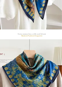 Vintage artistic print square scarf, elegant blue and yellow silk feel neckerchief for women.
