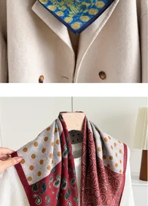 Vintage ethnic cotton linen small square scarf with paisley floral print for women fashion.