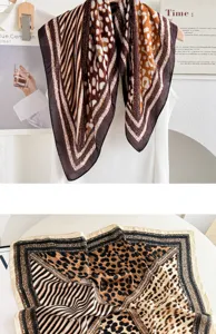 Chic leopard and zebra print silk square scarf, stylish neckerchief for women in spring autumn.