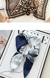 Silk scarf square neck wrap vintage leopard print blue leaf fashion accessory for women