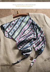 Elegantly designed women silk scarf featuring classic horse stripe print and chic tassels.