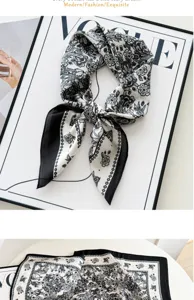 Foulard en soie floral noir et blanc pour femme mode carré 70cm écharpe châle.