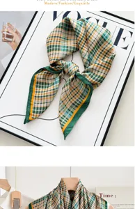 Green and yellow plaid silk scarf for women, elegant neckerchief for spring and autumn daily wear.