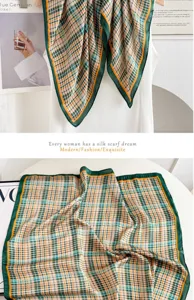Green and orange plaid silk scarf detail, elegant square neck scarf for women use.