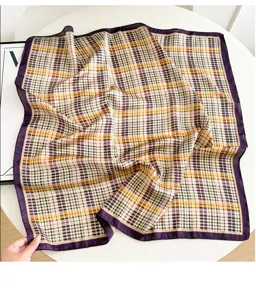Women's plaid square silk scarf, stylish neckerchief for spring and autumn daily wear.