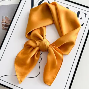 Yellow satin square scarf for women, elegant solid color neckerchief and hair scarf accessory.