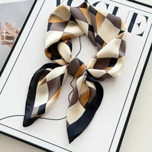 Women Fashion Silk Feel Satin Square Scarf Geometric Plaid Leopard Print Neck Scarf Spring Autumn Hair Band Shawl