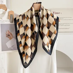 Stylish geometric check square silk scarf, elegant neckerchief for women spring autumn.