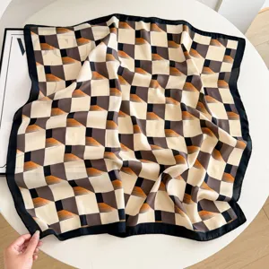Women square silk scarf, black and white checkered neck scarf, lightweight spring fashion accessory.