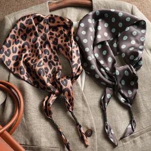 Women silk scarf set, leopard and polka dot patterns, elegant spring autumn neck accessory.