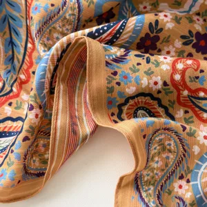 Yellow vintage ethnic paisley cotton linen small square scarf spring women fashion shawl
