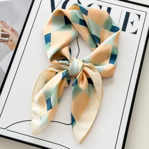 Chic geometric plaid silk scarf for women, elegant neckerchief for stylish spring daily wear.
