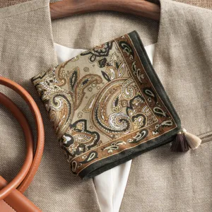 Vintage Paisley Cotton Linen Pocket Square Scarf Elegant Tassel Neck Kerchief for Women