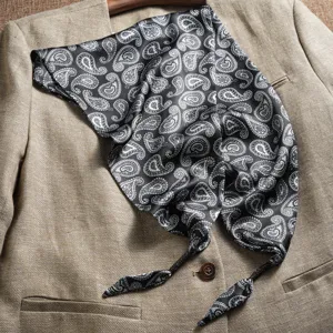 Elegant black paisley print silk scarf for women, vintage triangular scarf and chic shawl.