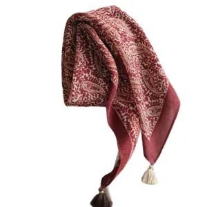Burgundy paisley print women scarf stylish retro square head scarf with tassels accessory
