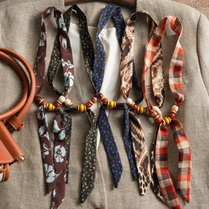 Retro wooden bead long silk scarf women versatile printed streamer neckerchief spring autumn