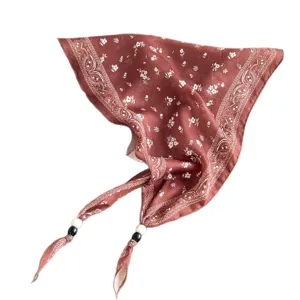Retro paisley beaded triangle scarf, cotton linen summer neckerchief for women fashion stylish.