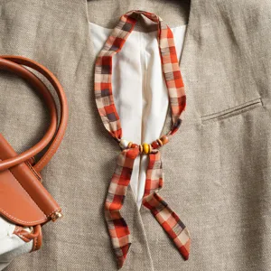 Vintage plaid silk ribbon scarf with wooden beads, versatile women neckerchief for spring and autumn.