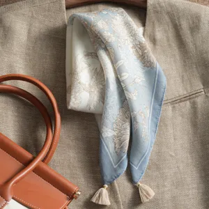 Vintage floral linen square scarf with tassels, elegant women neckerchief for spring.