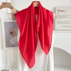 Red imitation silk square scarf for women, lightweight solid color neckerchief accessory.