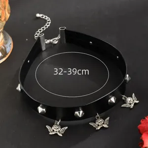 Gothic punk black leather choker necklace with metal spikes and cute angel wing pendants.