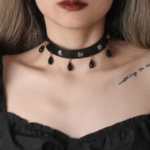 Gothic punk black leather choker necklace with metal rivets and teardrop pendants fashion