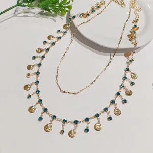 Fashion Alloy Gold Plated Multi Layer Blue Rhinestone Shell Pendant Choker Necklace Gift For Women Trendy Urban Jewelry Accessories