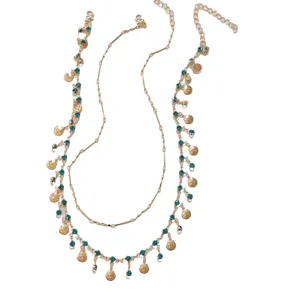 Multi-layer gold shell blue zircon necklace for women, stylish summer fashion jewelry.