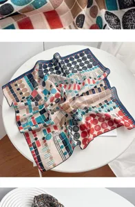 Detail shot of a geometric dot print square scarf, colorful fashion accessory for daily wear.