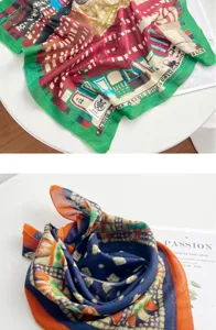 Colorful print cotton square scarf, vintage city art design, stylish spring and autumn head wrap.