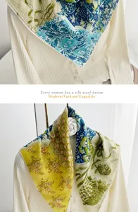 French style botanical print cotton small square scarf, elegant floral neckerchief for women.