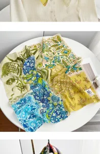 French vintage floral cotton square scarf, elegant oil painting style neckerchief for women.