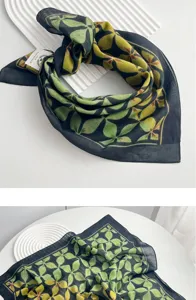 Black and green leaf print linen square scarf detail, casual vintage style accessory.