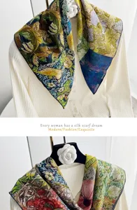 French vintage floral cotton square scarf for women, elegant spring autumn neckerchief.