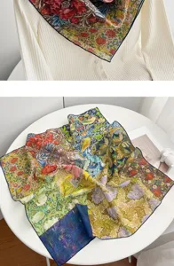 French vintage botanical print cotton square scarf, elegant floral neckerchief for women.