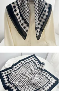 Classic black and white plaid square scarf for women, elegant neckerchief for spring autumn.