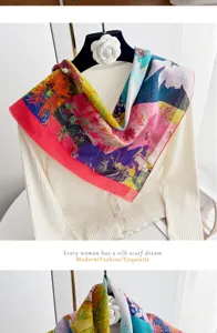 Detail view of colorful oil painting print cotton square scarf, elegant floral design neckerchief.