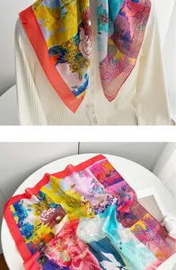 French style oil painting floral cotton square scarf, spring autumn decorative neckerchief.