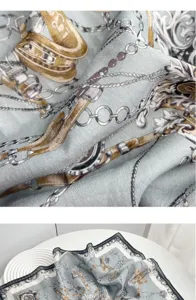 Classic chain and belt print square scarf, elegant retro design accessory for women.