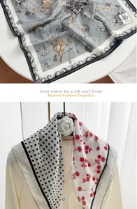 Elegant classic silk square scarf with vintage equestrian and floral prints for women.