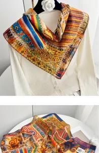 Detail view of a colorful oil painting print square scarf, soft fabric, elegant neckerchief style.